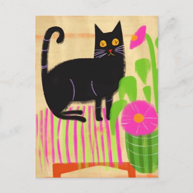 Carte Postale Chat noir sur Fleurs de sièges à rayures roses (Devant)