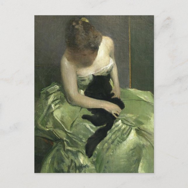 Carte Postale Chat noir sur Gown vert (Devant)