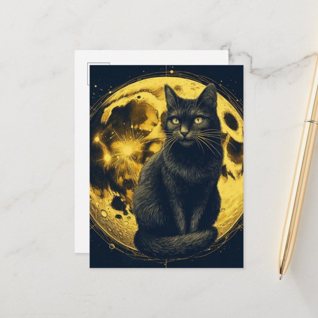 Carte Postale Chat noir sur la Lune (Devant/Arrière en situation)
