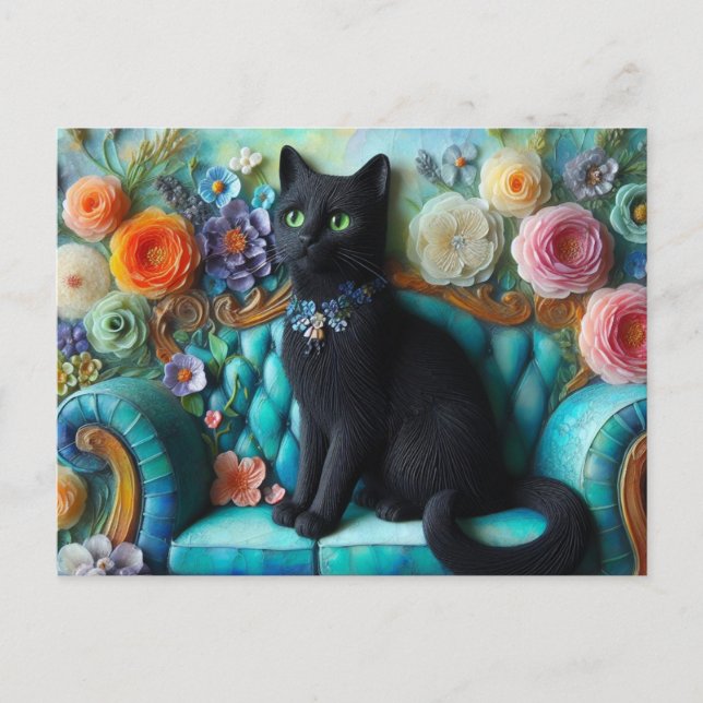 Carte Postale Chat noir sur le canapé (Devant)