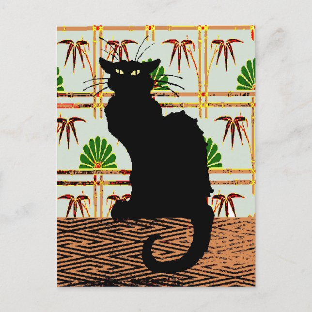 Carte Postale Chat noir sur papier peint japonais (Devant)