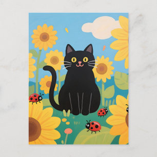 Carte Postale Chat noir tournesols coccinelles