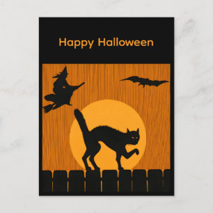 Carte Postale Chat noir vintage Halloween, silhouette de sorcièr