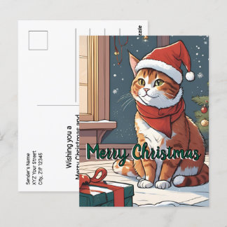 Carte Postale Chat orange avec animal mignon casquette de Noël