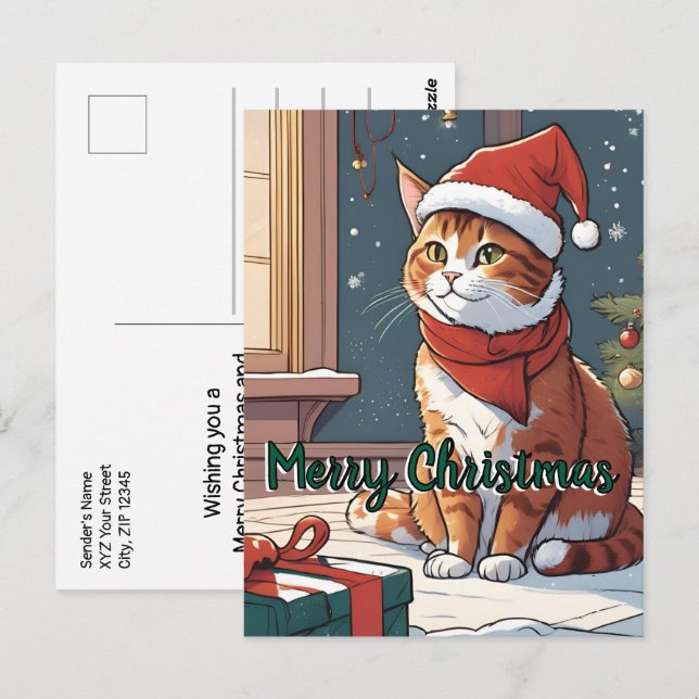 Carte Postale Chat orange avec animal mignon casquette de Noël (Devant / Derrière)