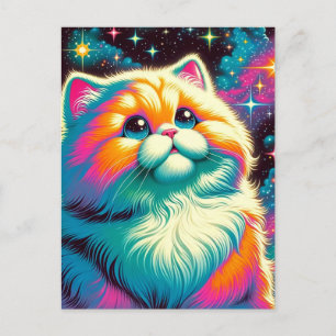 Carte Postale Chat orange rose duveteux dans l'espace