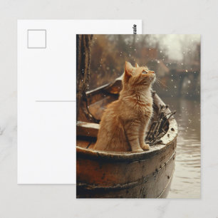 Carte Postale Chat orange sur un bateau en bois