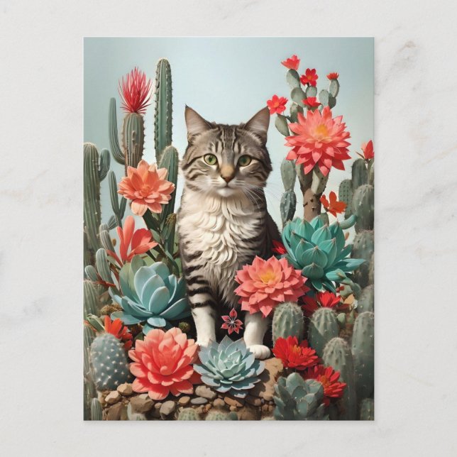Carte Postale Chat parmi les cactus | AMOUREUX DE LES CHATS (Devant)
