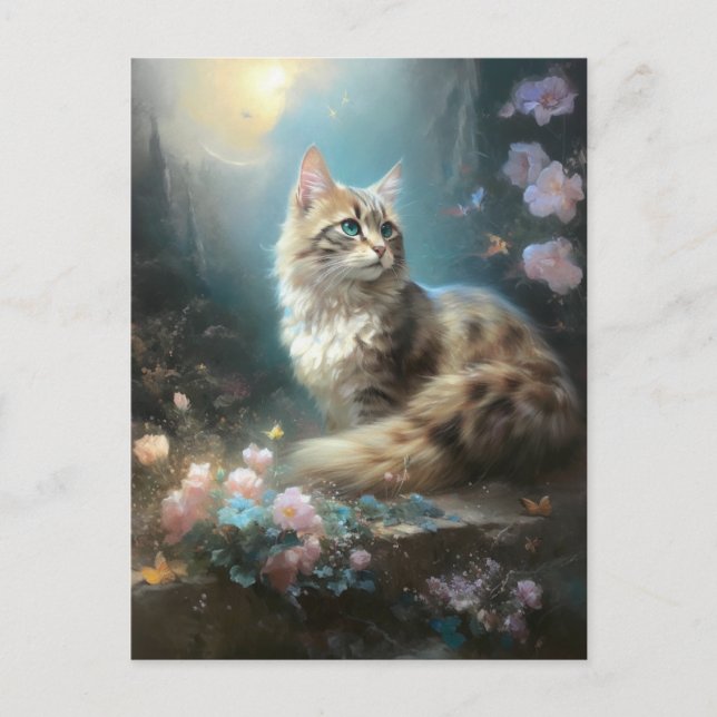 Carte Postale Chat Paysage Fleurs Imaginaire Art (Devant)