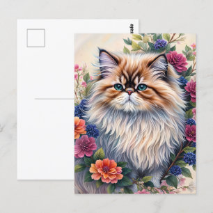 Carte Postale Chat Perse Coloré Art Floral