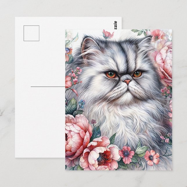 Carte Postale Chat Perse Fleurs Roses Aquarelle Art (Devant / Derrière)