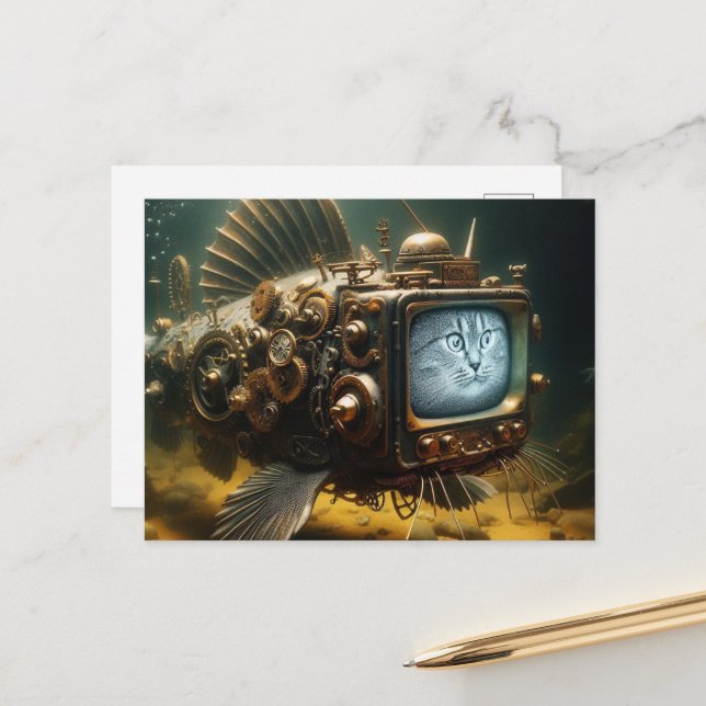 Carte Postale Chat poisson steampunk (Devant/Arrière en situation)