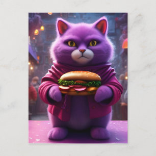 Carte Postale Chat pourpre drôle avec un cheeseburger
