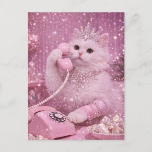 Carte Postale Chat Princesse Glamour Utilisant un Téléphone Rose