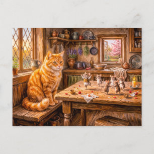 Carte Postale Chat regardant des souris danser dans la cuisine