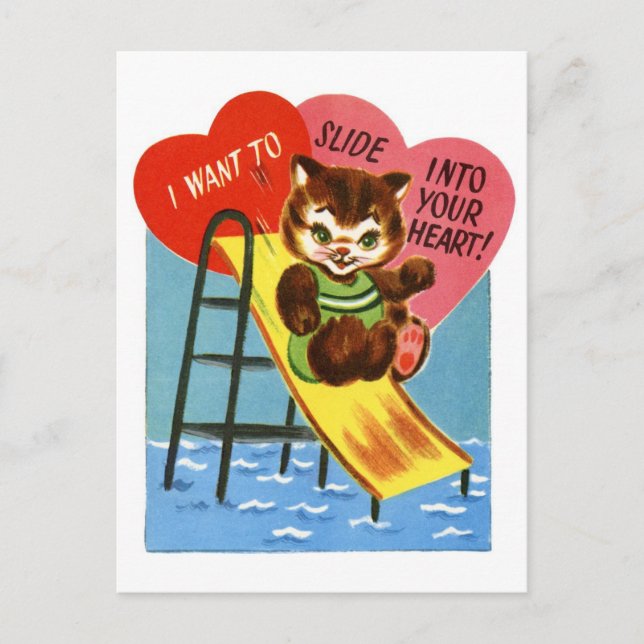 Carte Postale Chat Rétro Glissant Dans Votre Coeur Valentine (Devant)