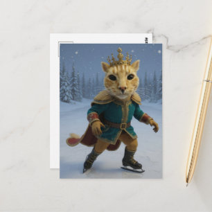 Carte Postale Chat roi drôle de patinage sur glace