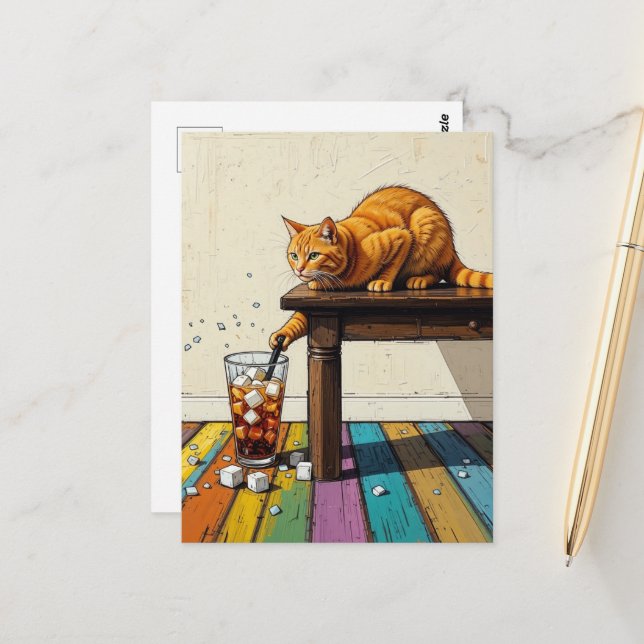 Carte Postale Chat roux adorable renverse la glace (Devant/Arrière en situation)