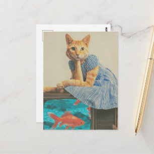 Carte Postale Chat roux mignon avec collage rétro de poisson rou