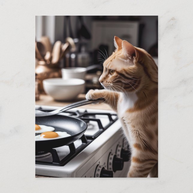 Carte Postale Chat roux mignon préparant des œufs pour le petit- (Devant)