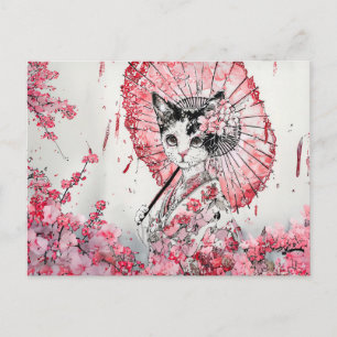 Carte Postale Chat Serene Geisha avec fleurs de cerisier Parasol