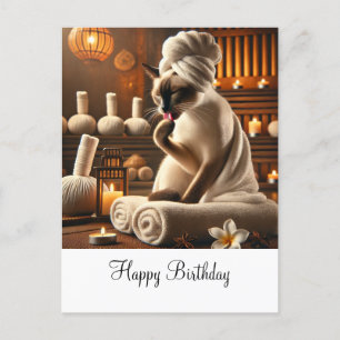 Carte Postale Chat siamois au Spa pour son anniversaire 