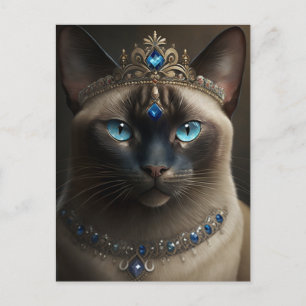 Carte Postale Chat Siamois avec Couronne Bijoux et Collier