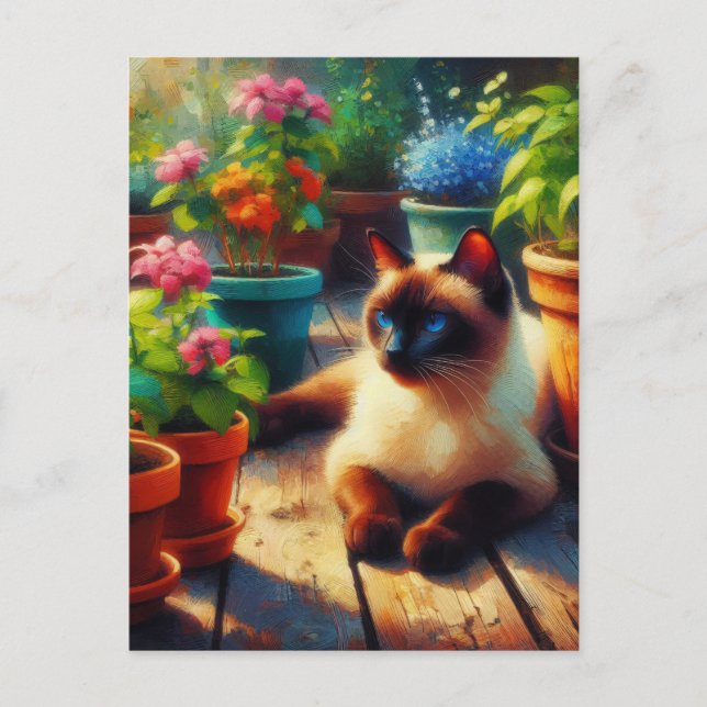 Carte Postale Chat siamois dans la peinture à l'huile du jardin (Devant)