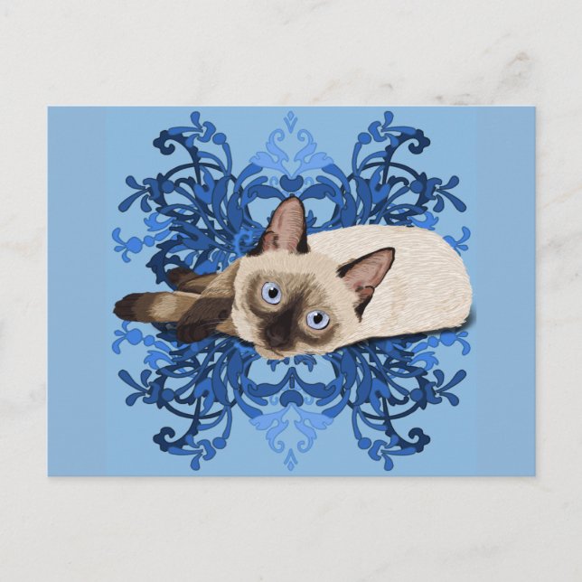 Carte Postale Chat siamois floral bleu élégant assez félin (Devant)
