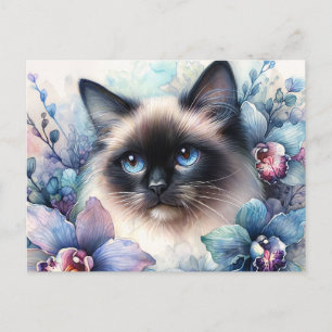 Carte Postale Chat siamois parmi les orchidées