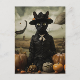 Carte Postale Chat sorcière avec citrouilles 