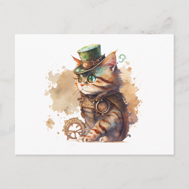 Carte Postale Chat Steampunk Adorable et Mignon (Devant)