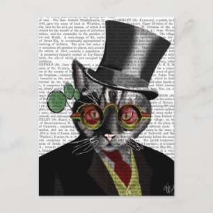 Carte Postale Chat Steampunk - Chapeau supérieur et verres jaune