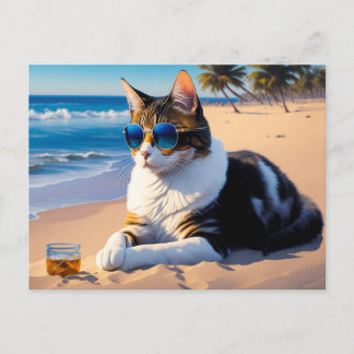 Carte Postale Chat sur la plage avec un verre de whisky