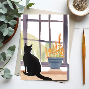 Carte Postale Chat sur l'appui de fenêtre   Silhouette Aquarelle