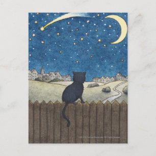 Carte Postale Chat sur une clôture regardant le ciel nocturne au