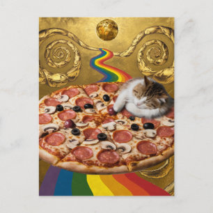 Carte Postale Chat surréaliste sur une pizza Arrière - plan d'or