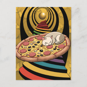 Carte Postale Chat surréaliste sur une pizza Rainbow Stairs Gold