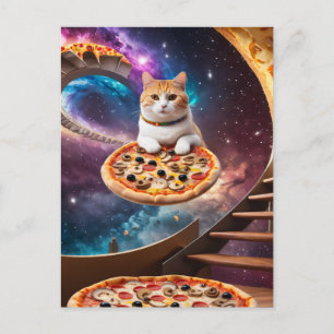 Carte Postale Chat surréaliste sur une pizza volante