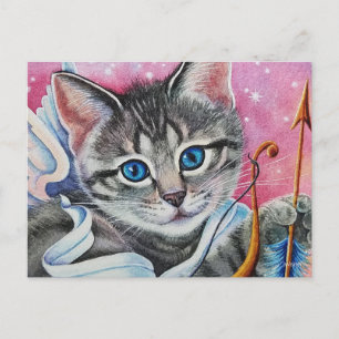 Carte Postale Chat tabby Cupidon fantaisiste - Art aquarelle
