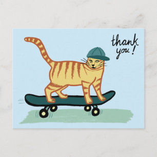 Carte Postale Chat Tabby Skateboarding MERCI