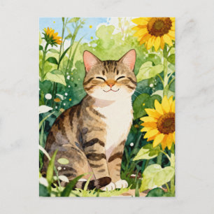 Carte Postale Chat tigré à l'aquarelle dans un jardin de tournes