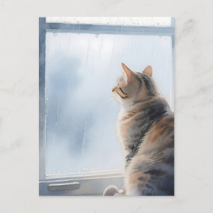 Carte Postale Chat tigré aquarelle à la fenêtre pluvieuse