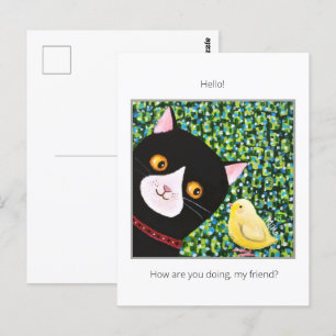 Carte Postale Chat Tuxedo noir et blanc avec poussin Bonjour ami