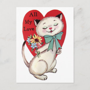 Carte Postale Chat vintage Avec Fleurs Valentine