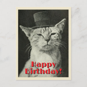 Carte Postale Chat Vintage en Chapeau Melon Joyeux Anniversaire
