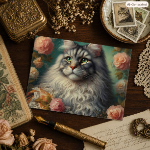 Carte Postale Chat vintage victorien argenté Maine Coon 
