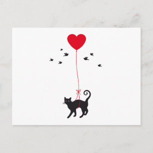Carte Postale chat volant avec ballon rouge et oiseaux