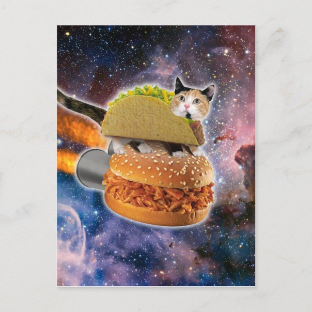 Carte Postale Chat voyageant sur un rocketburger (Devant)