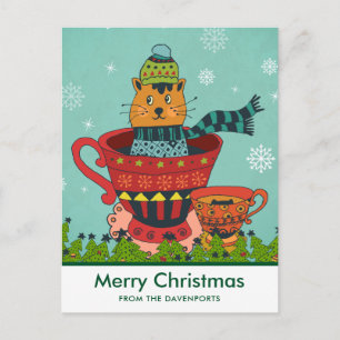 Carte Postale Chat Whimsical assis dans une tasse de thé Joyeux